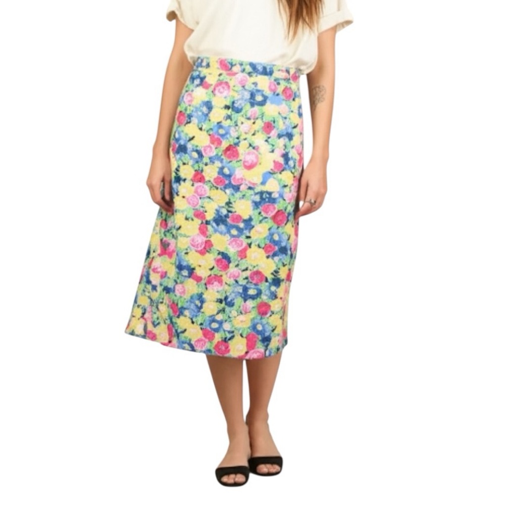 Vintage Pendleton Floral Midi Skirt - Plus Size 18W - Vibrant Pink Yellow Blue